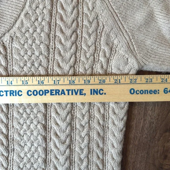 SOL Baby Alpaca Cable Knit Shawl Collar Sweater Women L Beige Cream Quiet Luxury - Picture 7 of 8